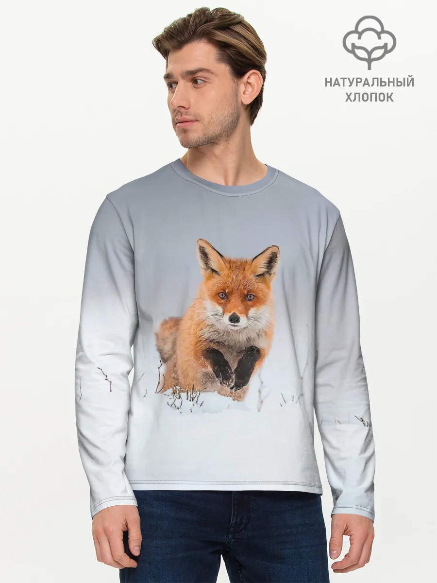 Мужской лонгслив базовый / Лисица прыгает по снегу