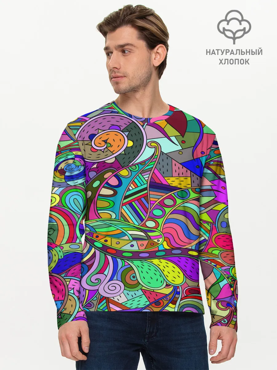 Мужской лонгслив базовый / Дудлы узор разноцветный хиппи