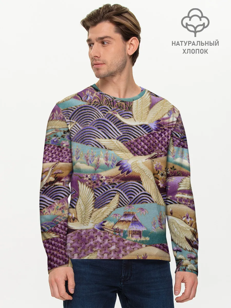 Мужской лонгслив базовый / Японская вышивка с журавлями