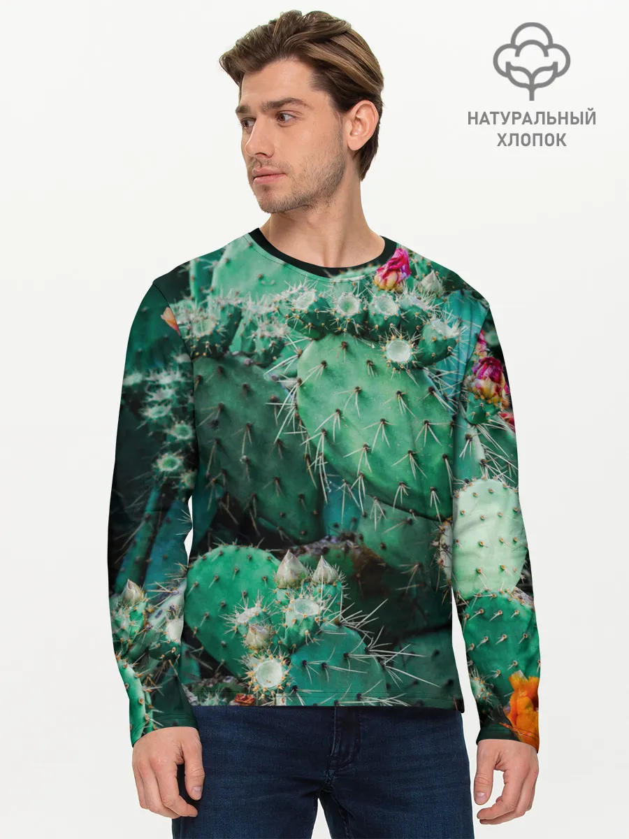 Мужской лонгслив базовый / кактусы с цветами реализм