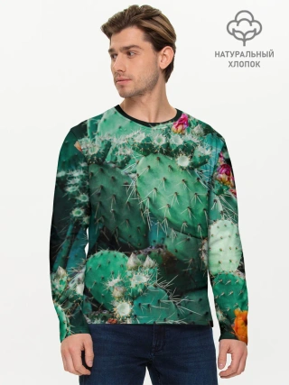 Мужской лонгслив базовый / кактусы с цветами реализм