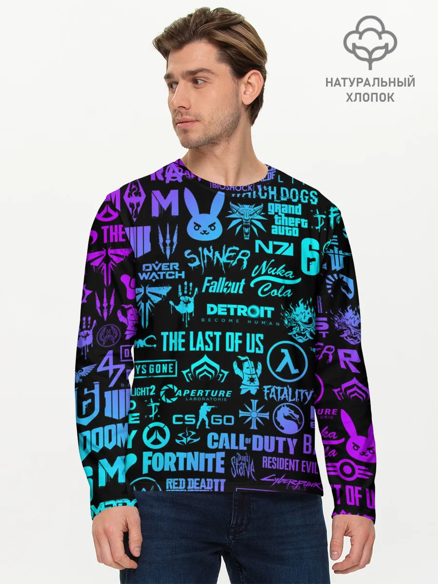 Мужской лонгслив базовый / ЛОГОТИПЫ ИГР НЕОН / NEON GAMES LOGO