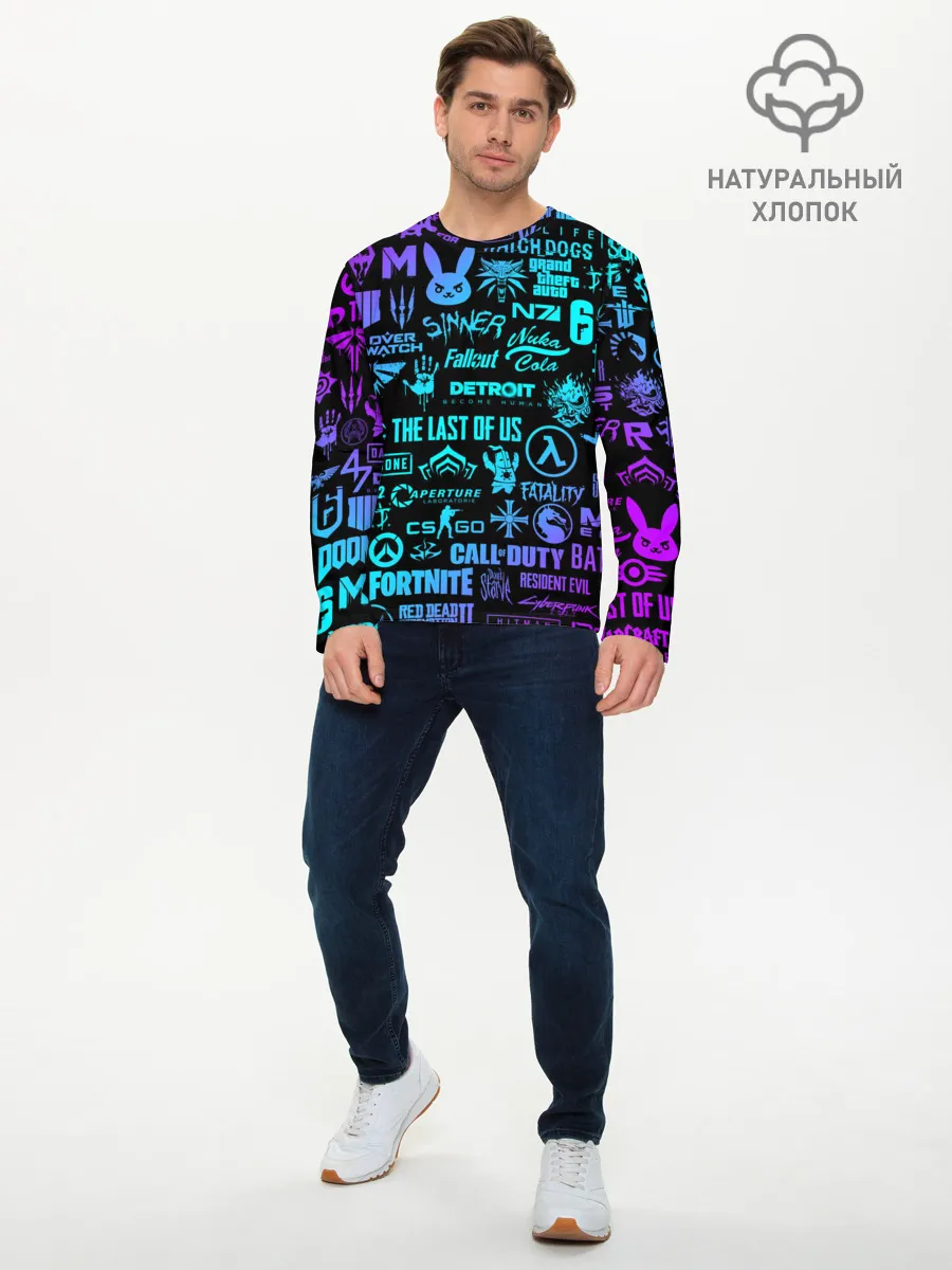 Мужской лонгслив базовый / ЛОГОТИПЫ ИГР НЕОН / NEON GAMES LOGO