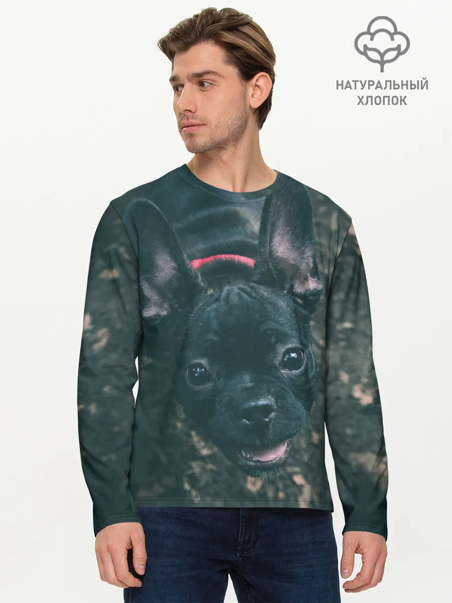 Мужской лонгслив базовый / Бульдог морда собакена черного