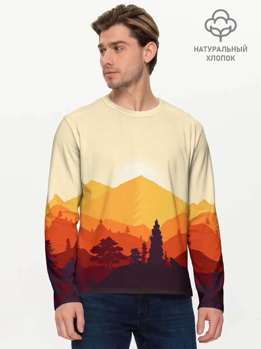 Мужской лонгслив базовый / Горы закат пейзаж лиса арт