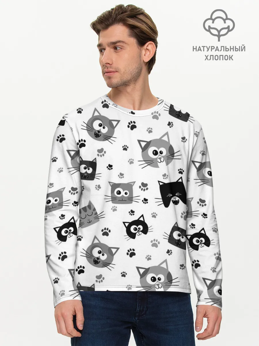 Мужской лонгслив базовый / Котики | ЧБ