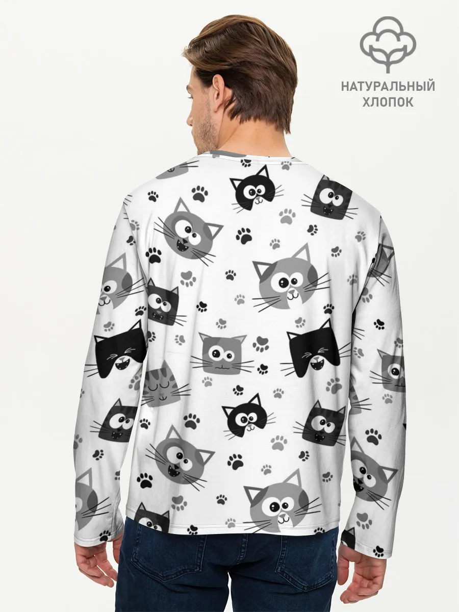 Мужской лонгслив базовый / Котики | ЧБ