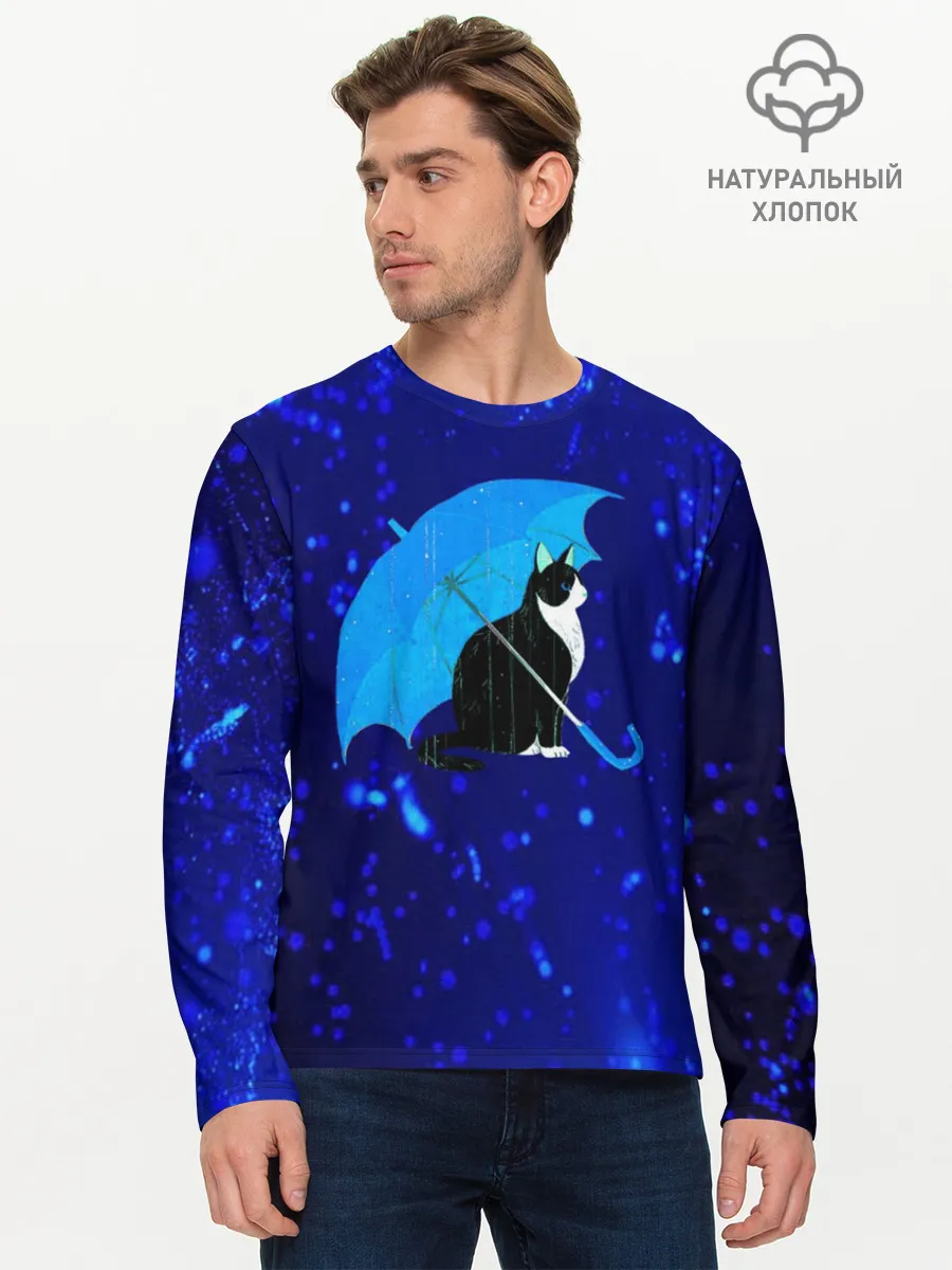 Мужской лонгслив базовый / Котик под Дождем