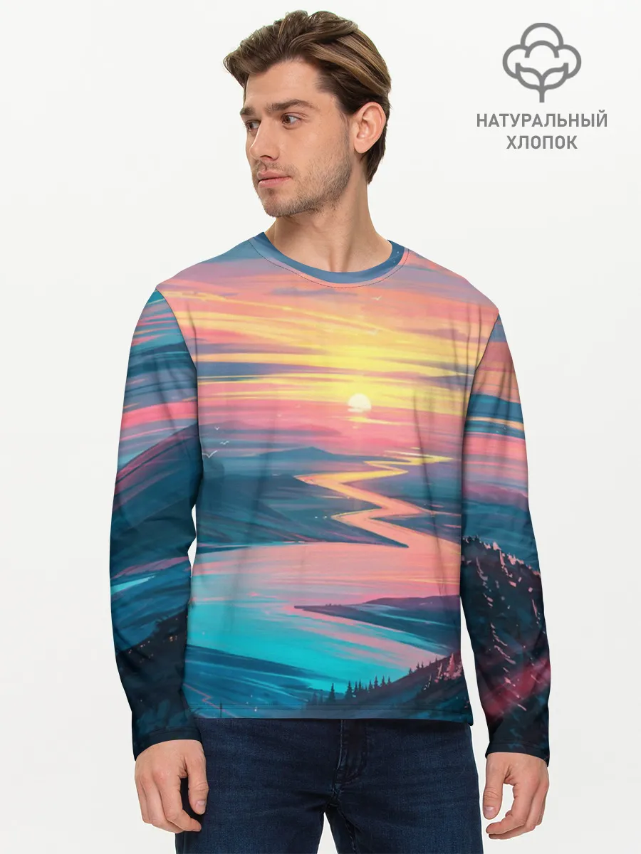 Мужской лонгслив базовый / Извилистая река закат природа