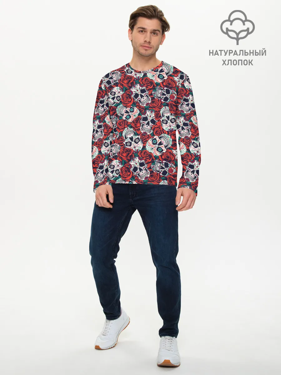 Мужской лонгслив базовый / Тату черепа и розы