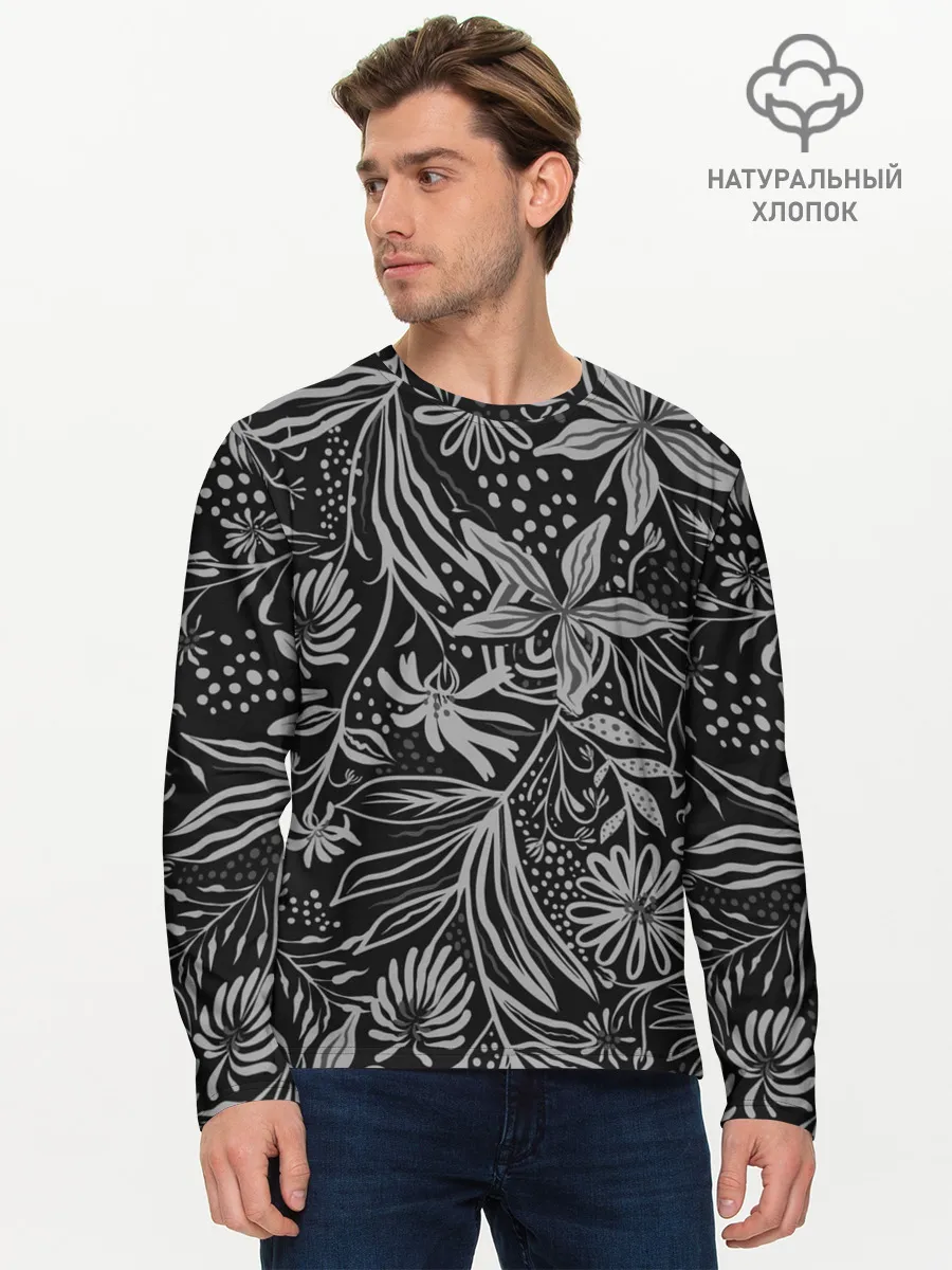 Мужской лонгслив базовый / Флора | Черно Белая