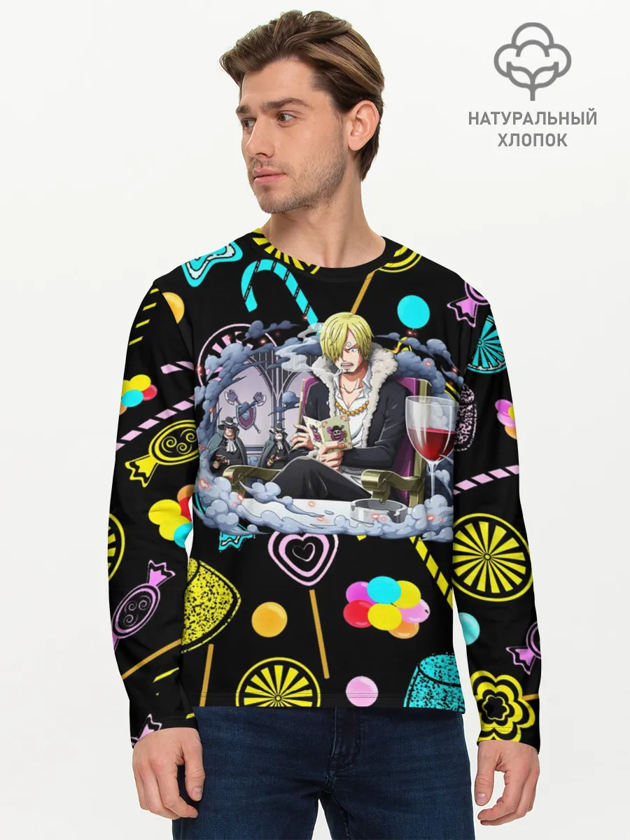 Мужской лонгслив базовый / Винсмок Санджи. Фон со сладостями