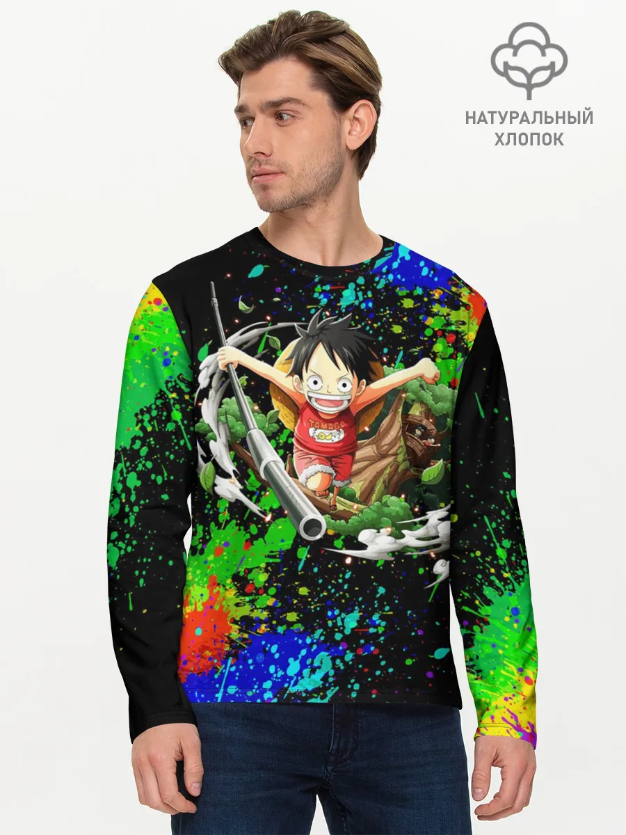 Мужской лонгслив базовый / Врывающийся Монки. Радужный фон