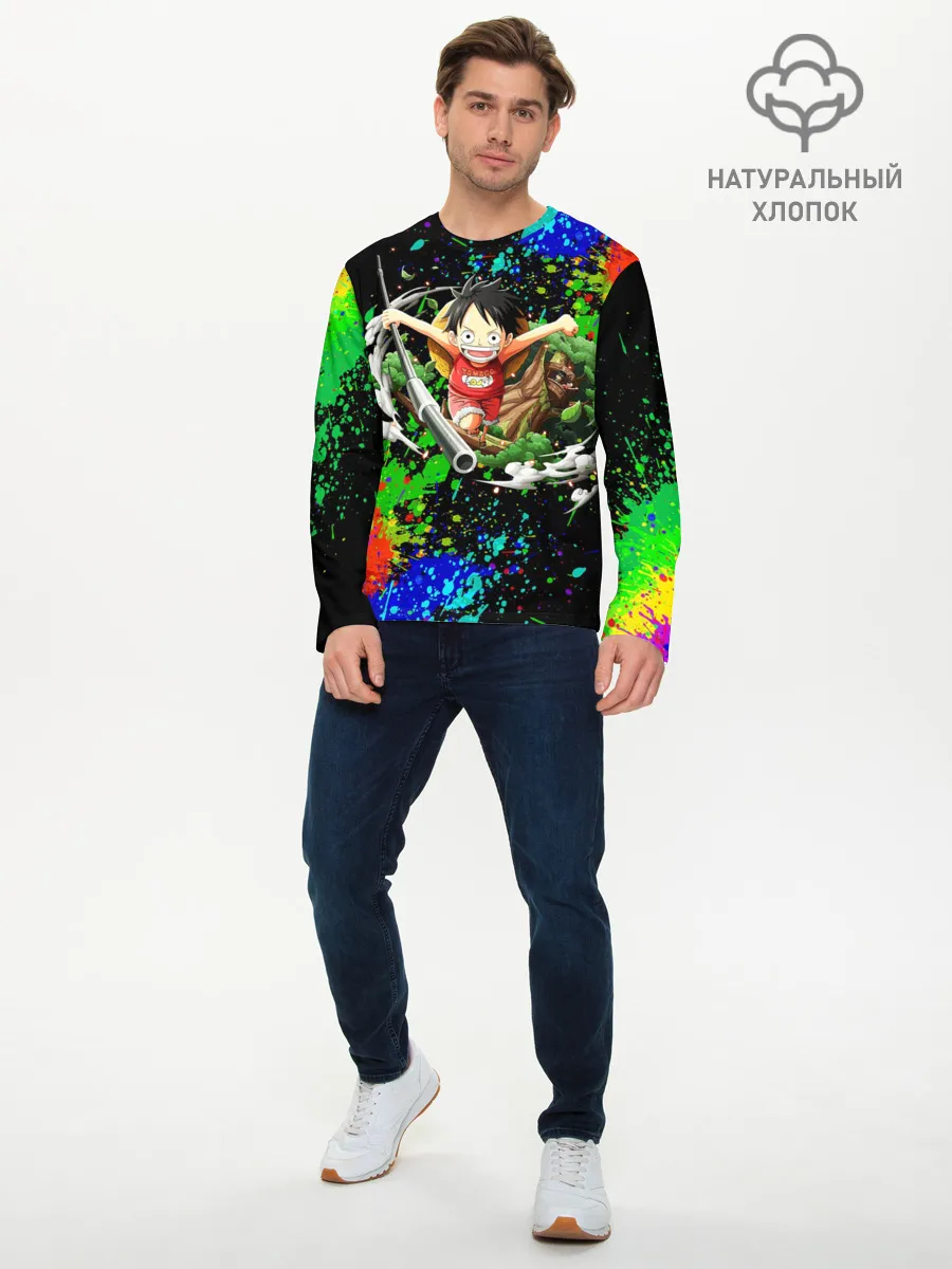 Мужской лонгслив базовый / Врывающийся Монки. Радужный фон