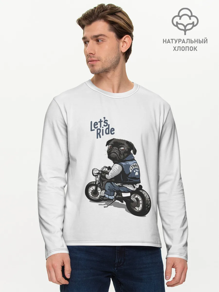 Мужской лонгслив базовый / Pug Rider | Байкер Мопс