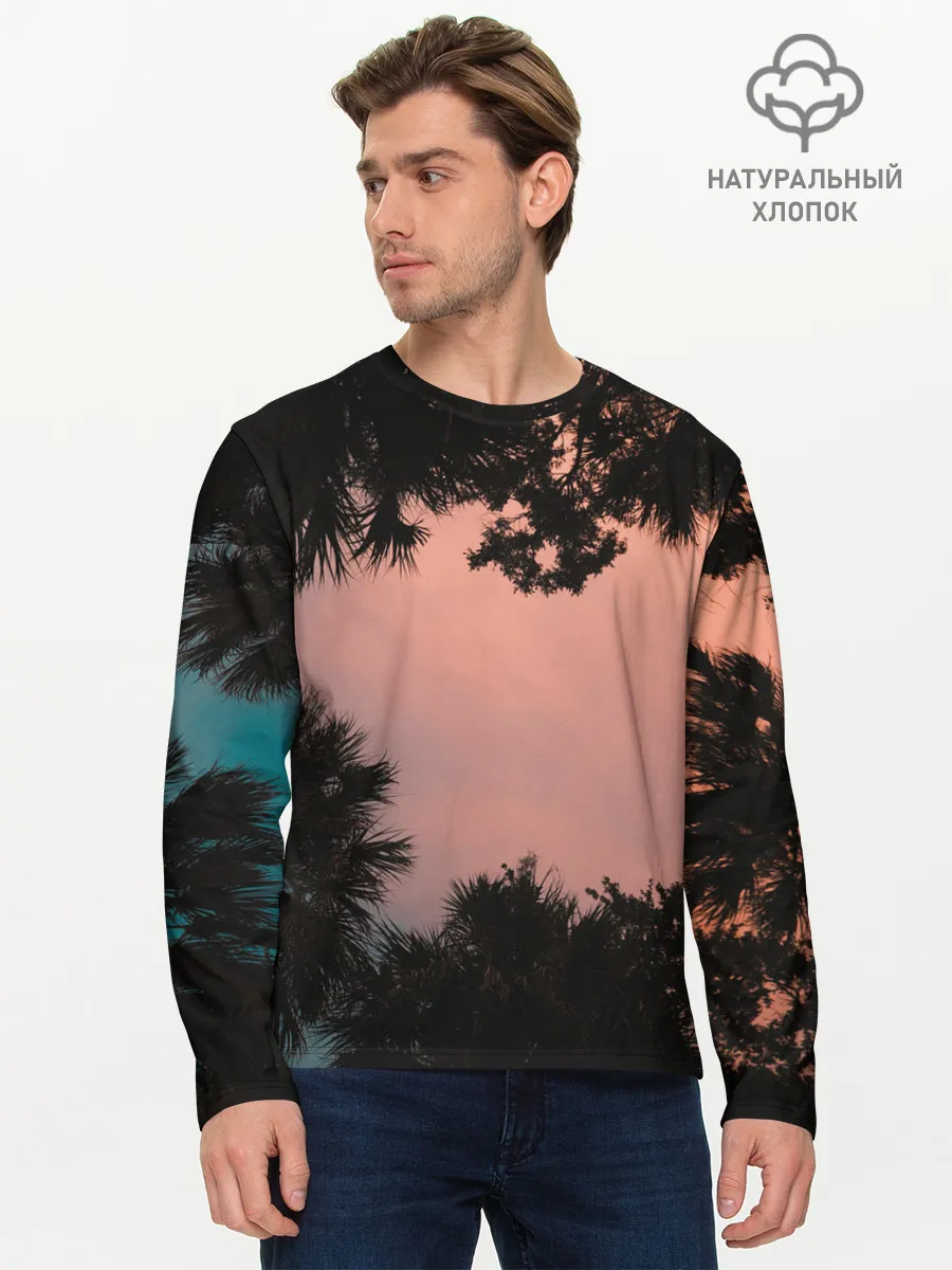 Мужской лонгслив базовый / Пальмы вид снизу закат