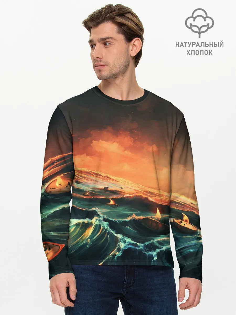 Мужской лонгслив базовый / Фэнтези море корабли закат