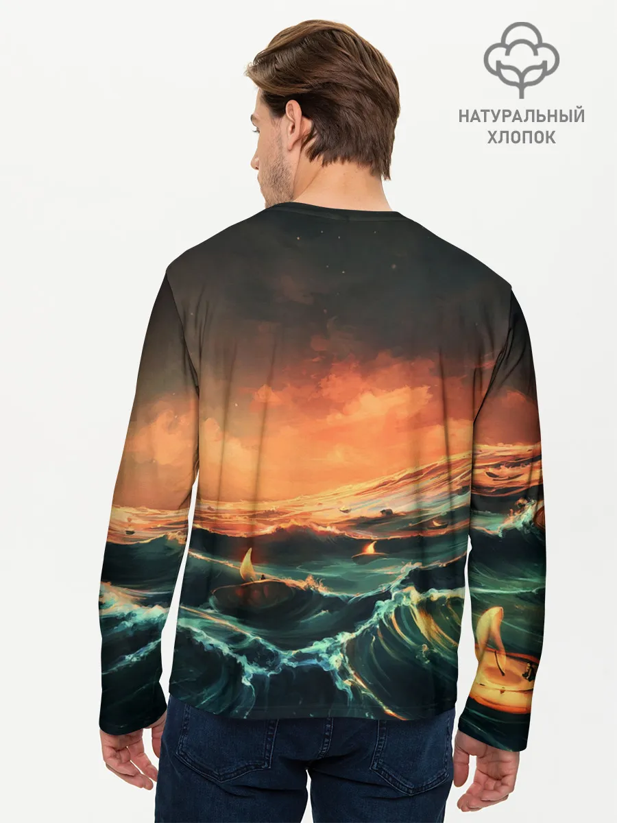 Мужской лонгслив базовый / Фэнтези море корабли закат