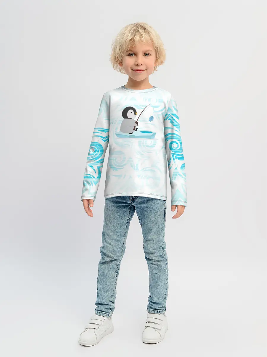 Детский лонгслив / Пингвин рыбачит
