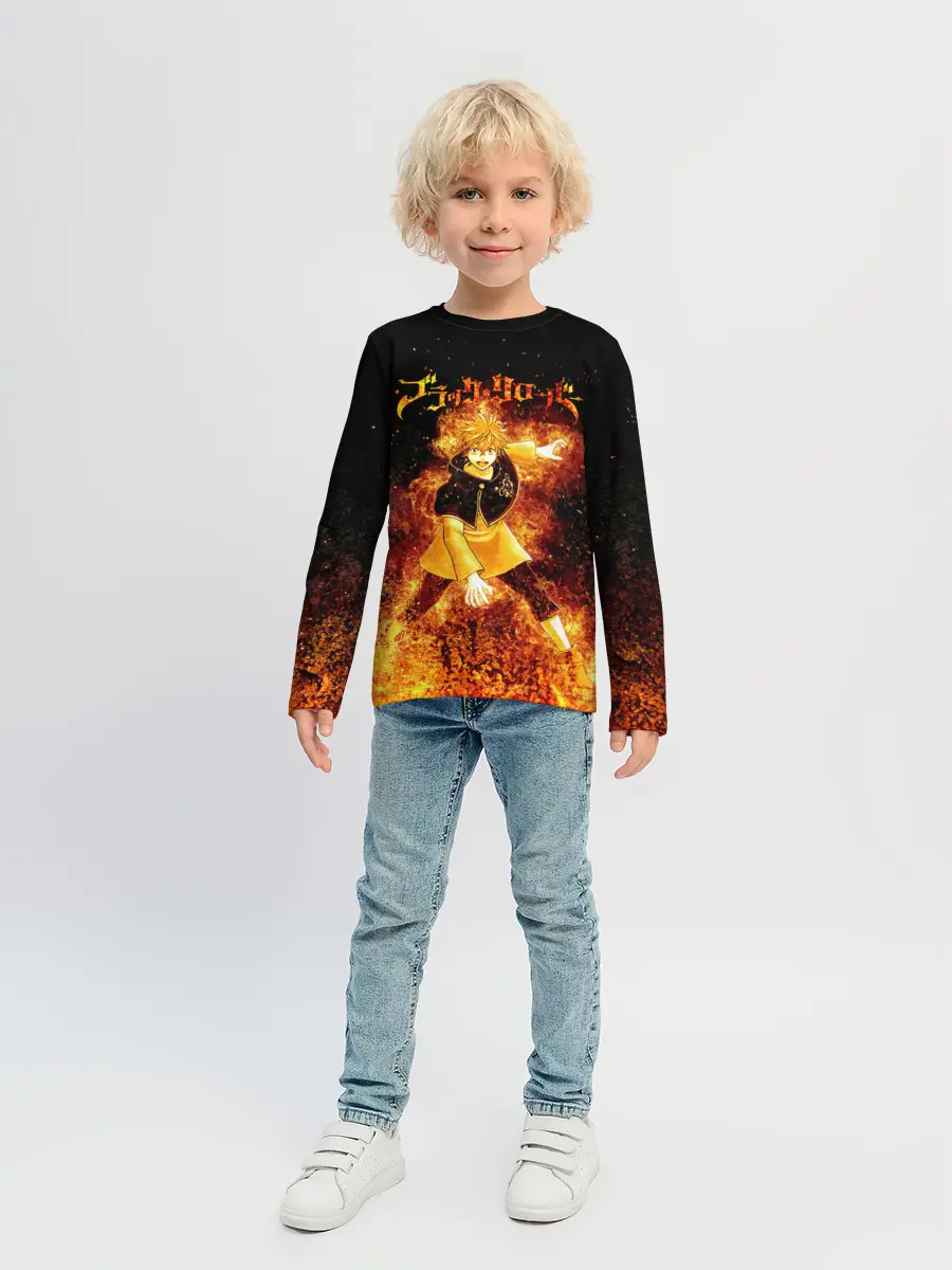 Детский лонгслив / Чёрный клевер Аста в огне