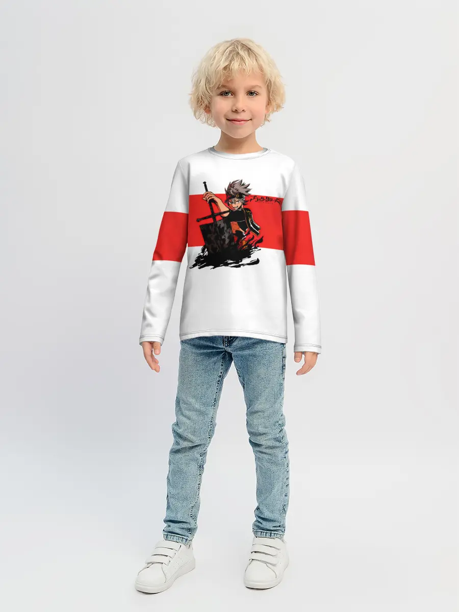 Детский лонгслив / Чёрный клевер Аста красная полоса