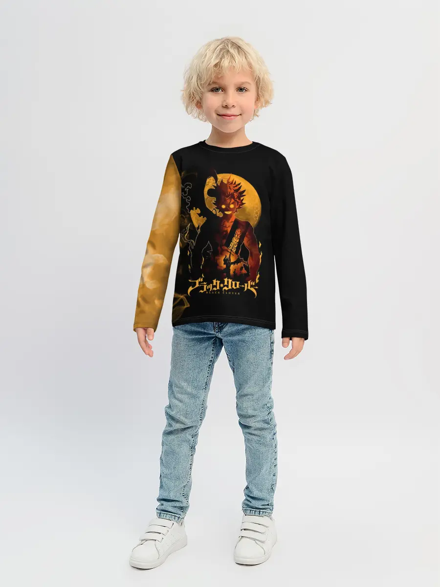 Детский лонгслив / Чёрный клевер Аста желтая луна