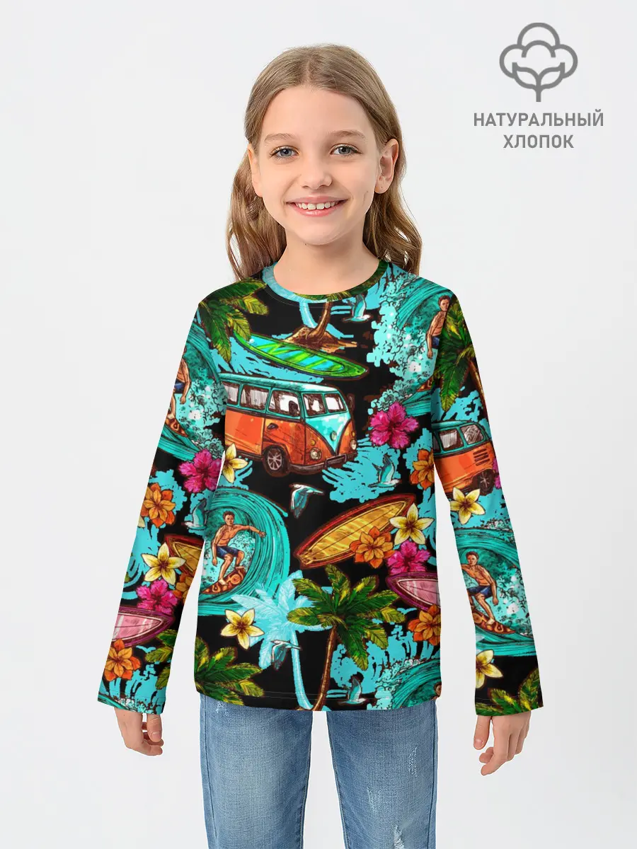 Детский лонгслив / Пальмы, волны, серфинг