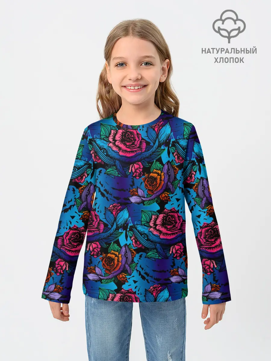 Детский лонгслив / Киты и цветы