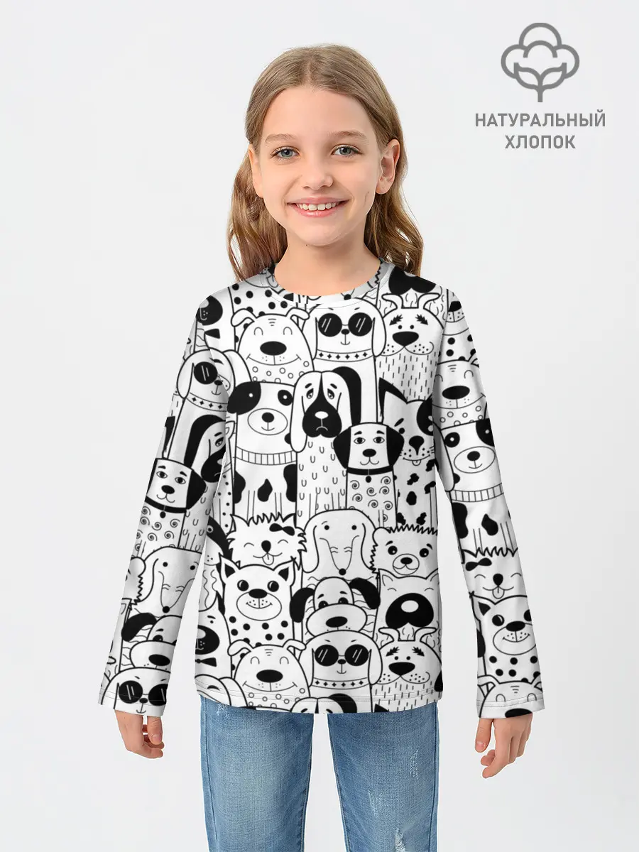 Детский лонгслив / Собаки черно-белое