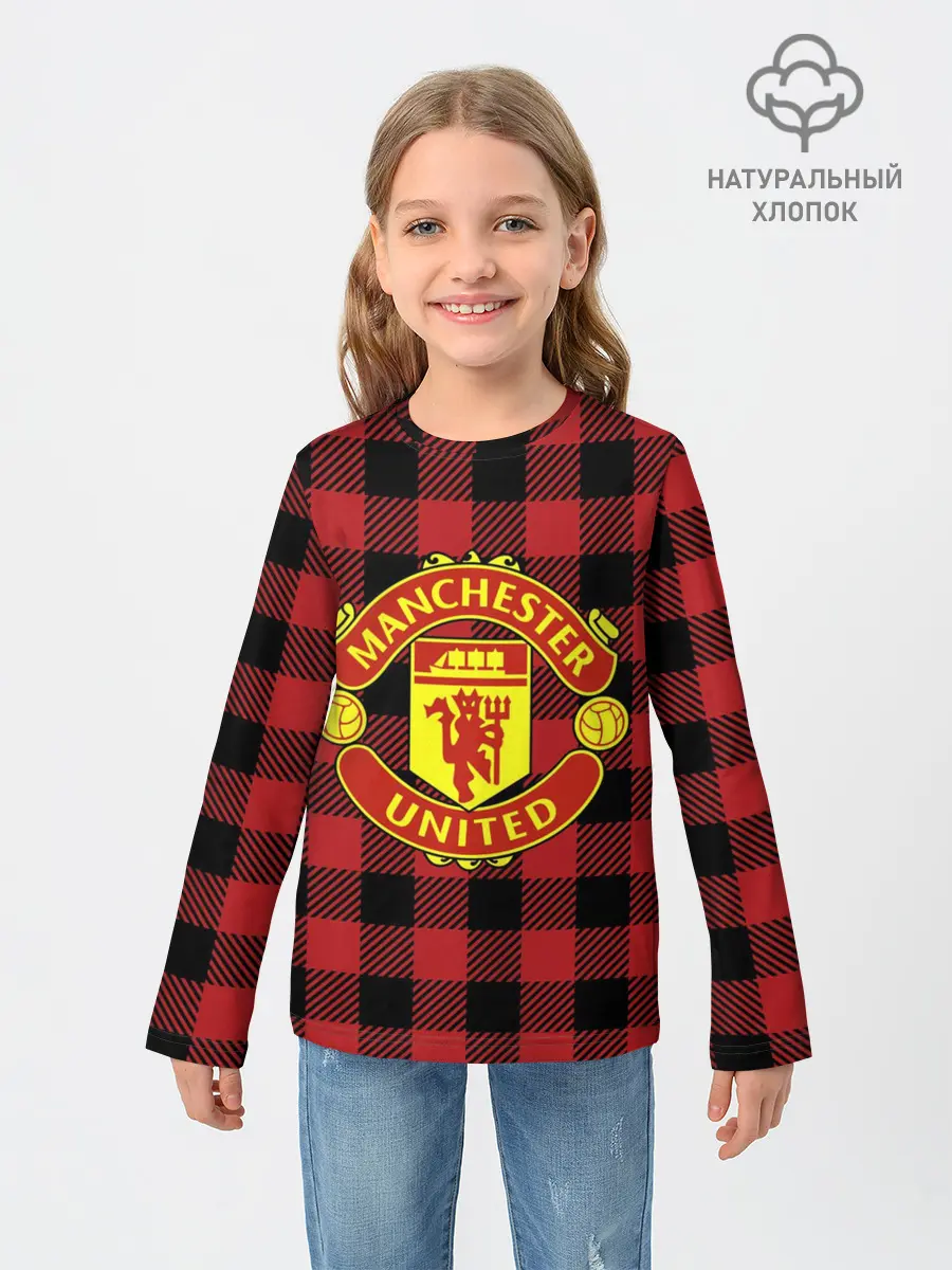 Детский лонгслив / Манчестер Юнайтед фон в клетку