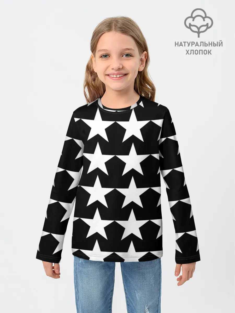 Детский лонгслив / Белые звёзды на чёрном фоне