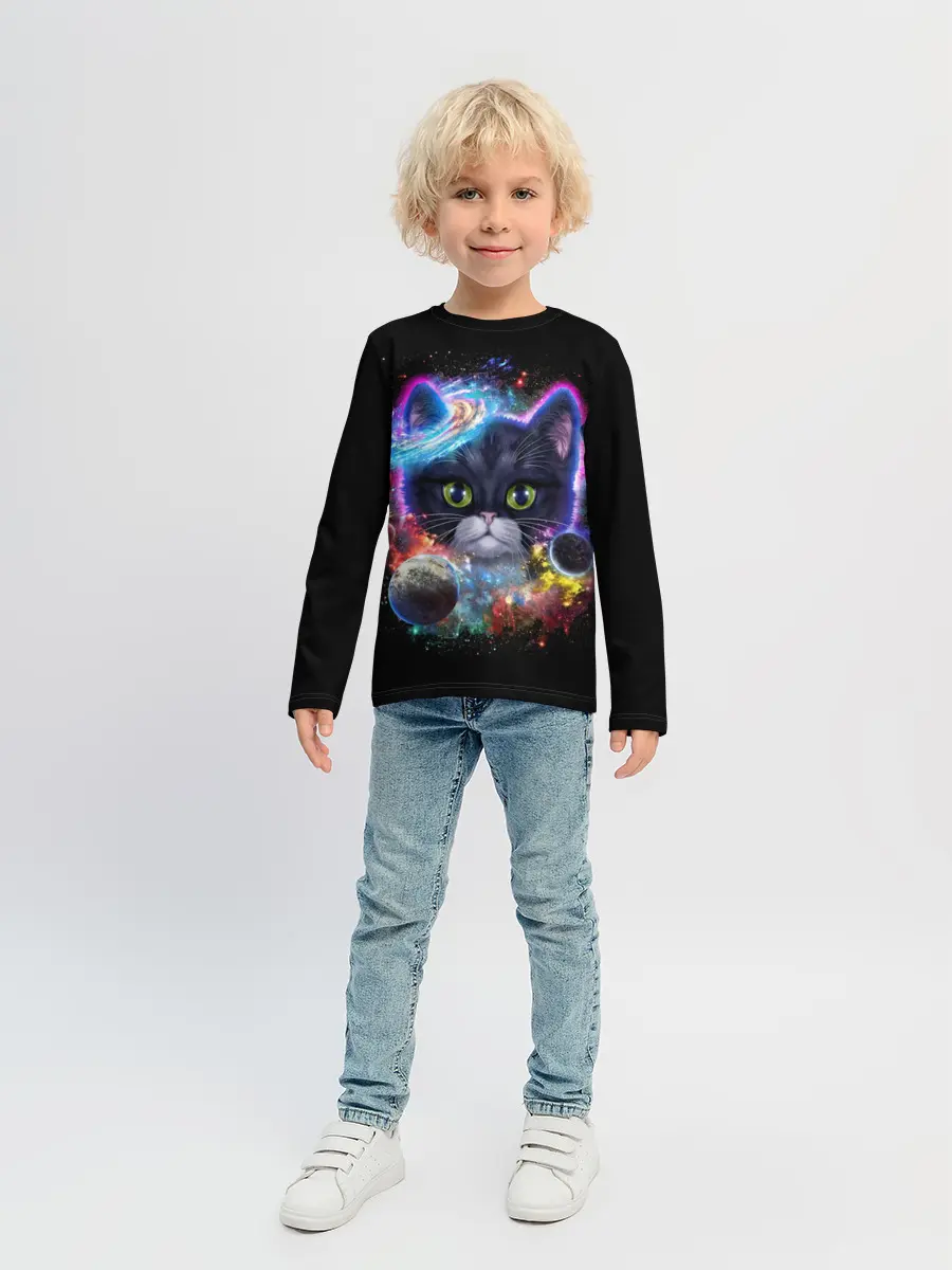 Детский лонгслив / Космический котик и планеты