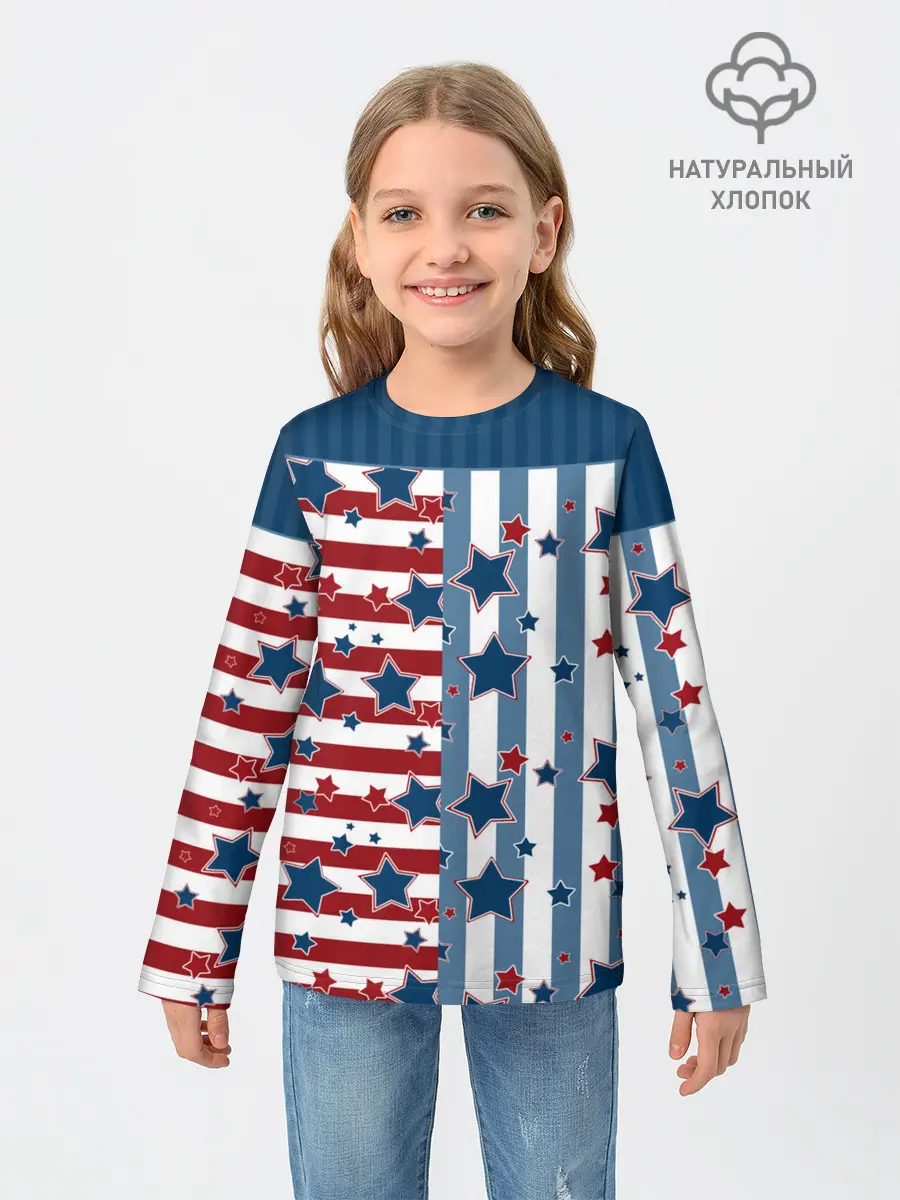 Детский лонгслив / Голубые звезды на полосатом