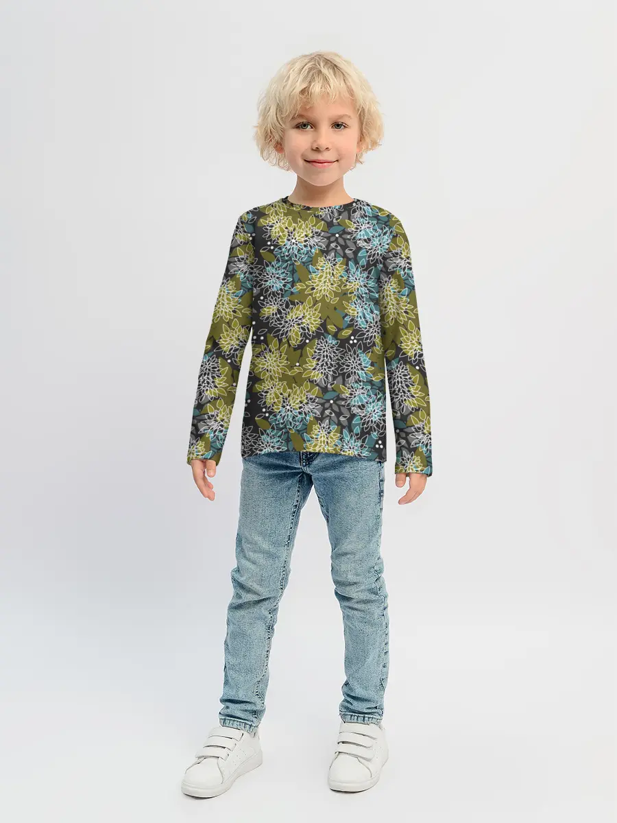 Детский лонгслив / Черно оливковый цветочный