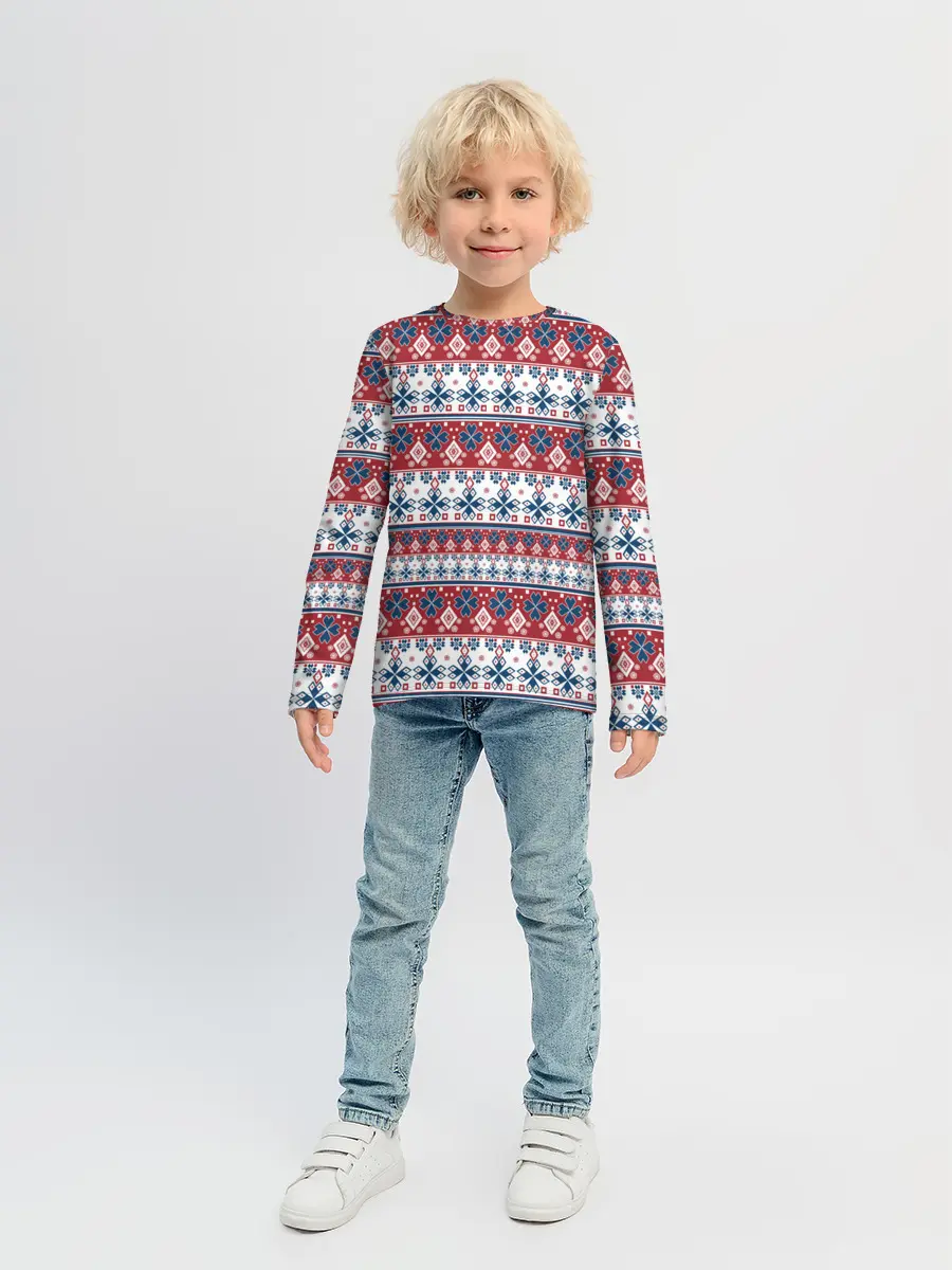 Детский лонгслив / Этнический красно-синий узор