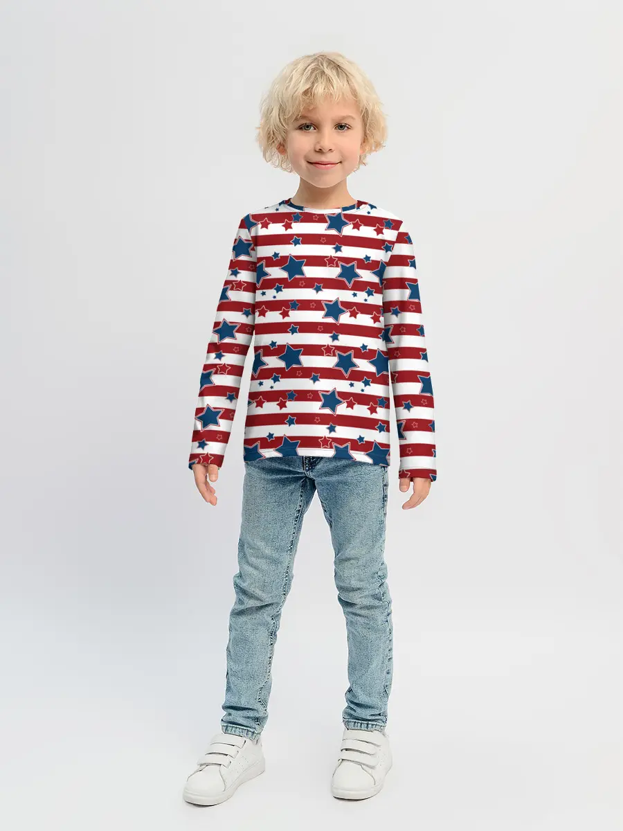 Детский лонгслив / Синие звезды на полосатом фоне