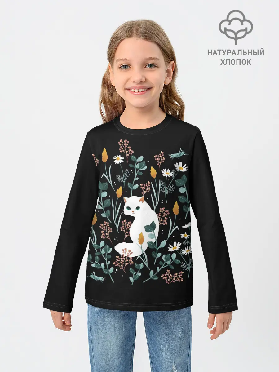 Детский лонгслив / Кошечка среди цветов