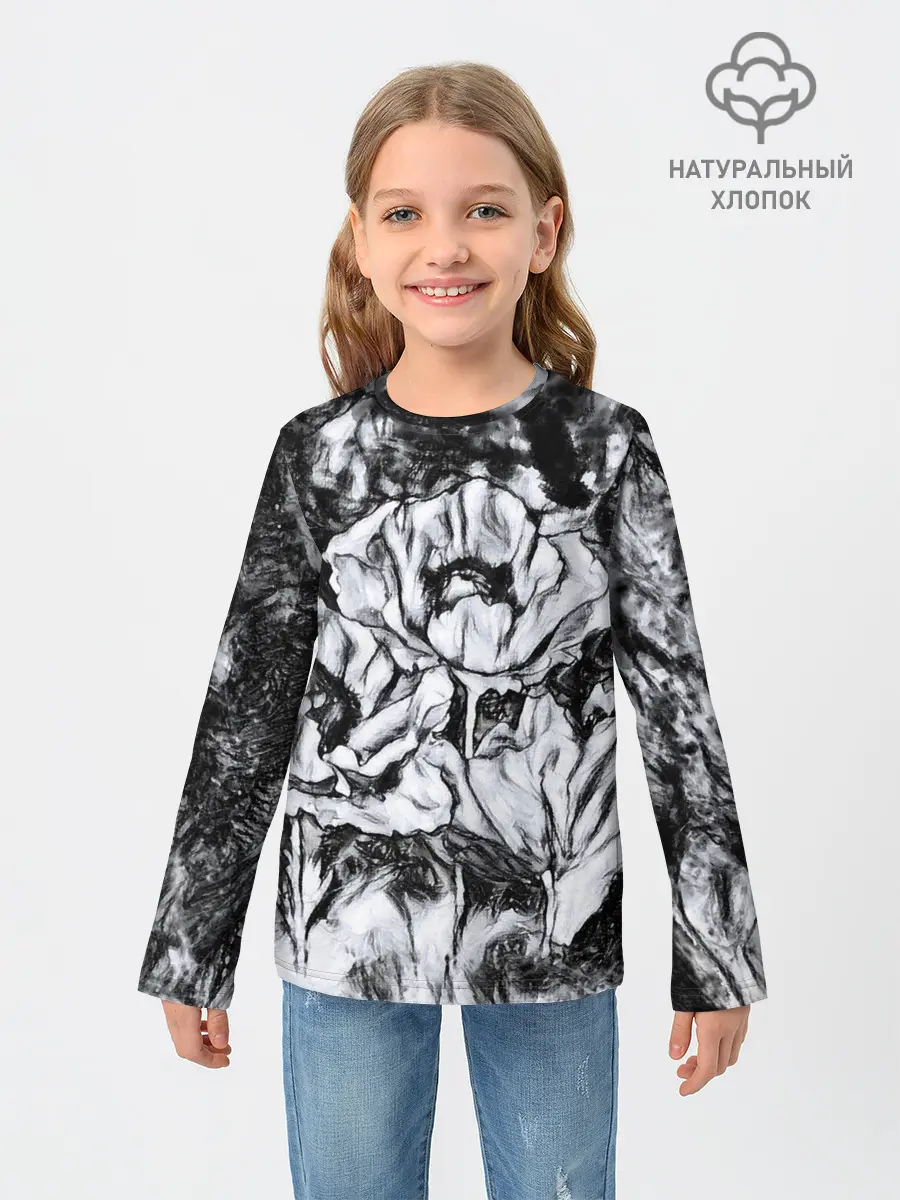 Детский лонгслив / Черно-белый узор. Маки.