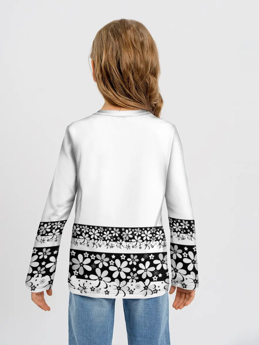Детский лонгслив / Черно-белый цветочный принт