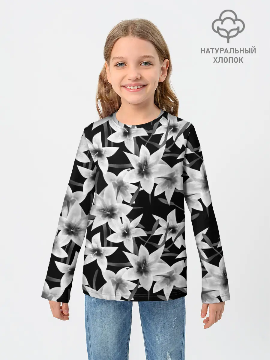 Детский лонгслив / Лилии черно-белые