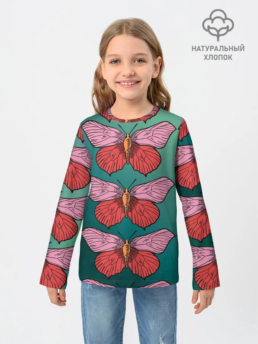 Детский лонгслив / Зеленый принт с бабочками :)
