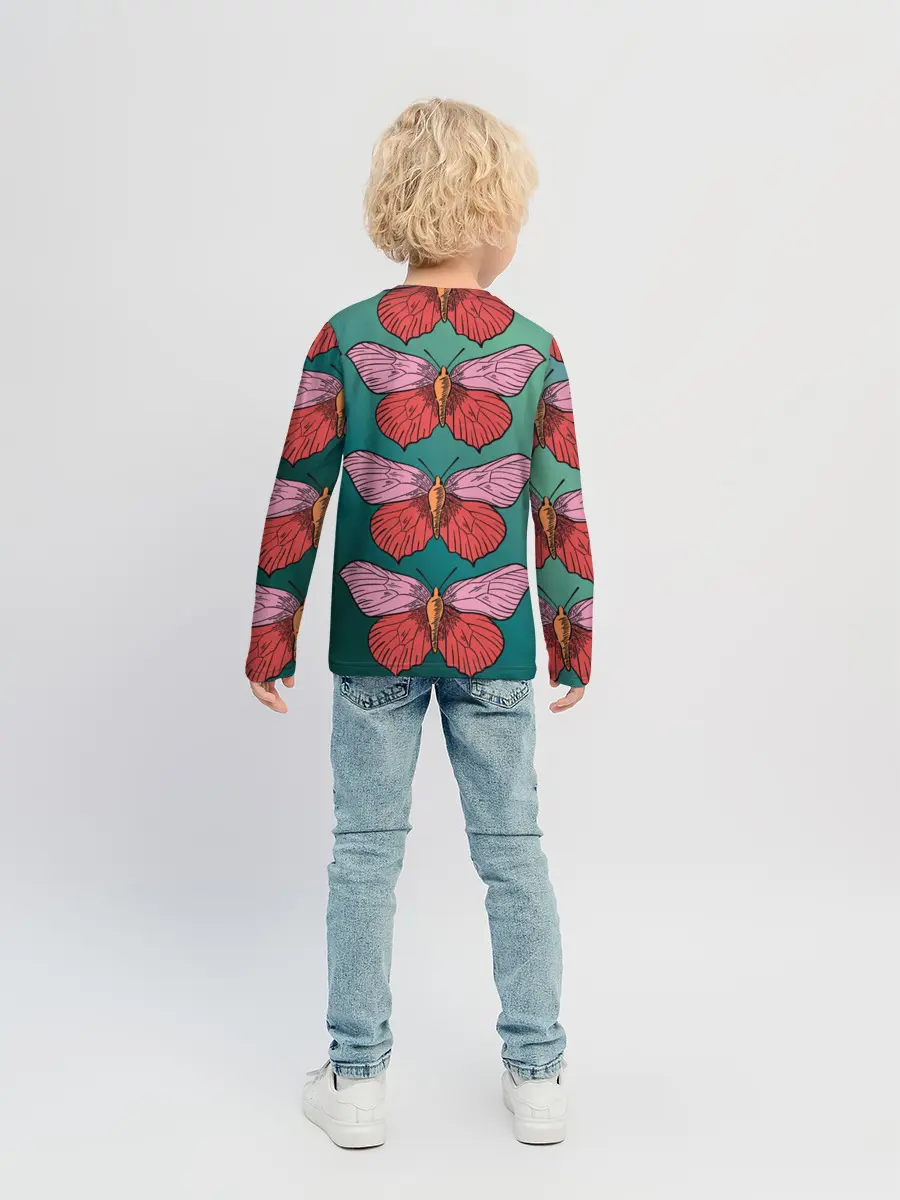 Детский лонгслив / Зеленый принт с бабочками :)