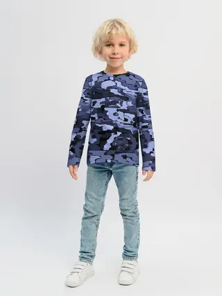 Детский лонгслив / Синий камуфляж в клетку