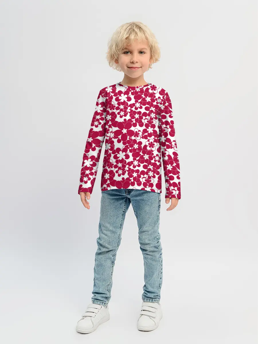 Детский лонгслив / Бело-красный цветочный
