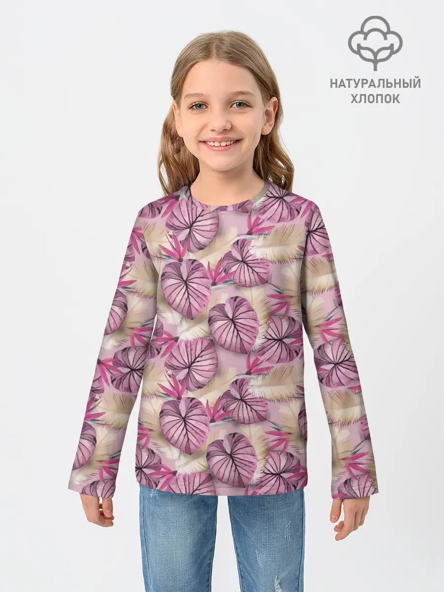 Детский лонгслив / Розовый тропический узор