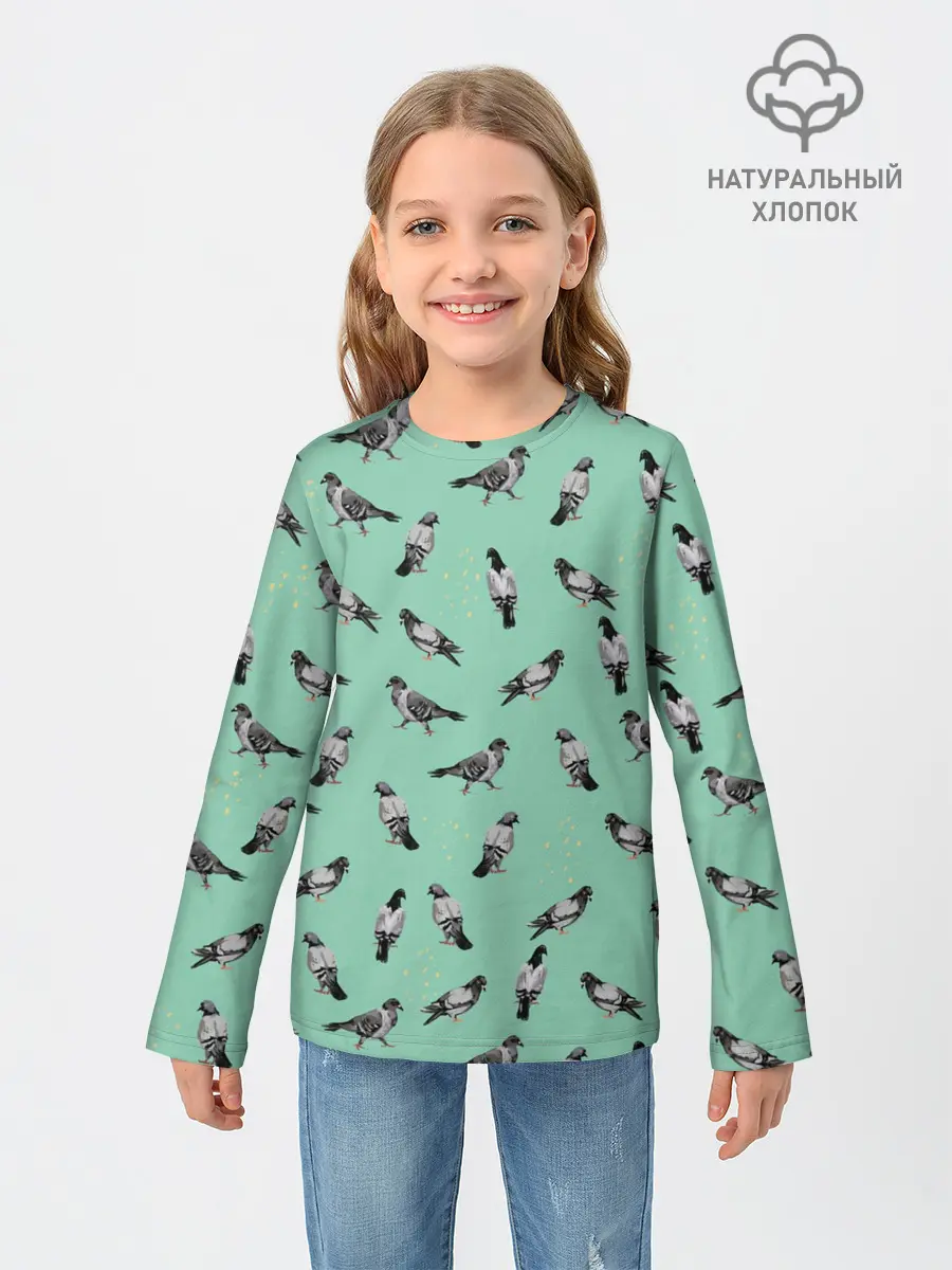 Детский лонгслив / Голуби на зеленом