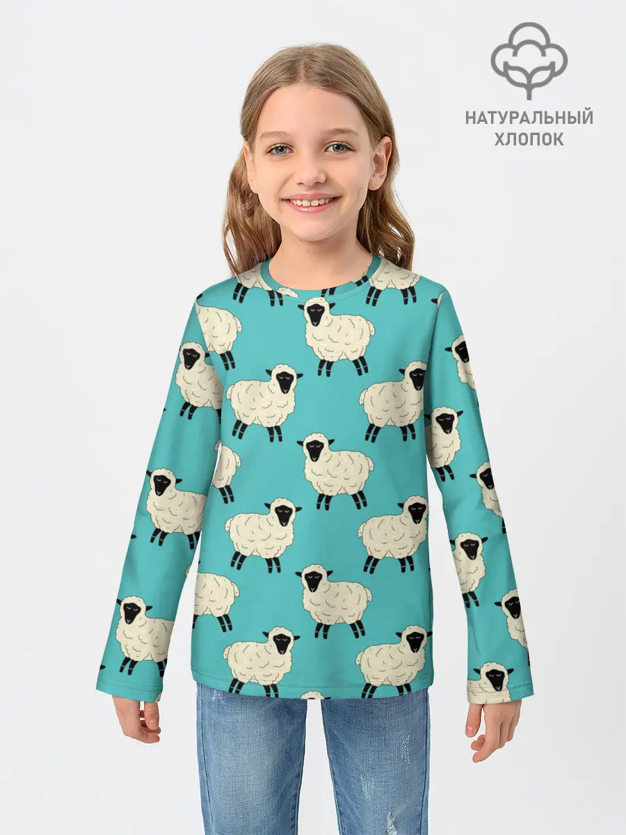 Детский лонгслив / Овечки паттерн на бирюзовом