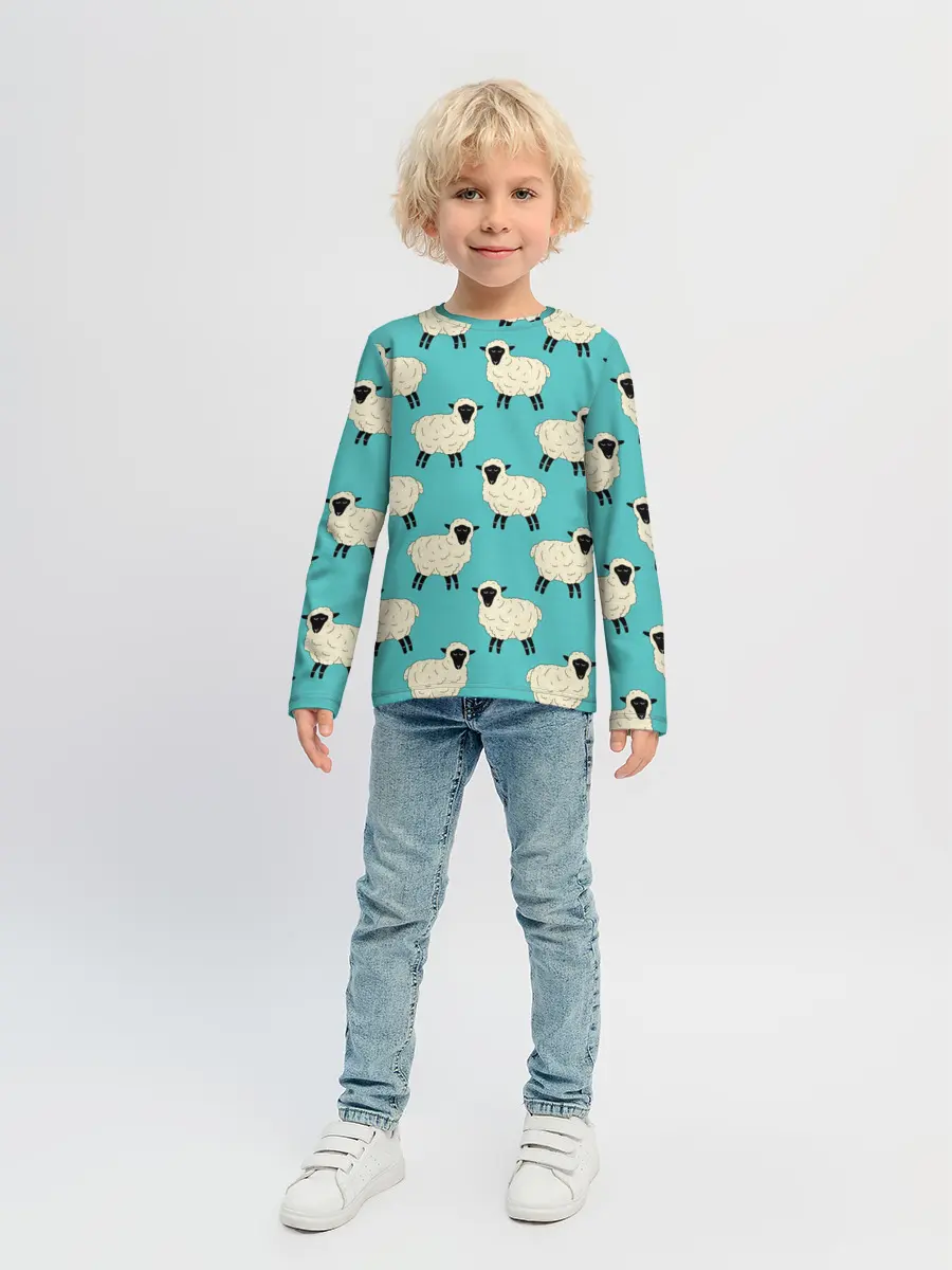 Детский лонгслив / Овечки паттерн на бирюзовом