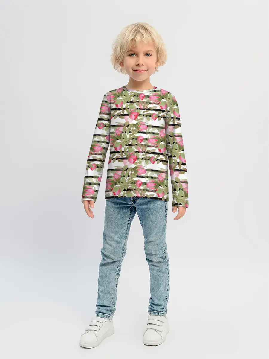 Детский лонгслив / Акварельные розы на полосатом