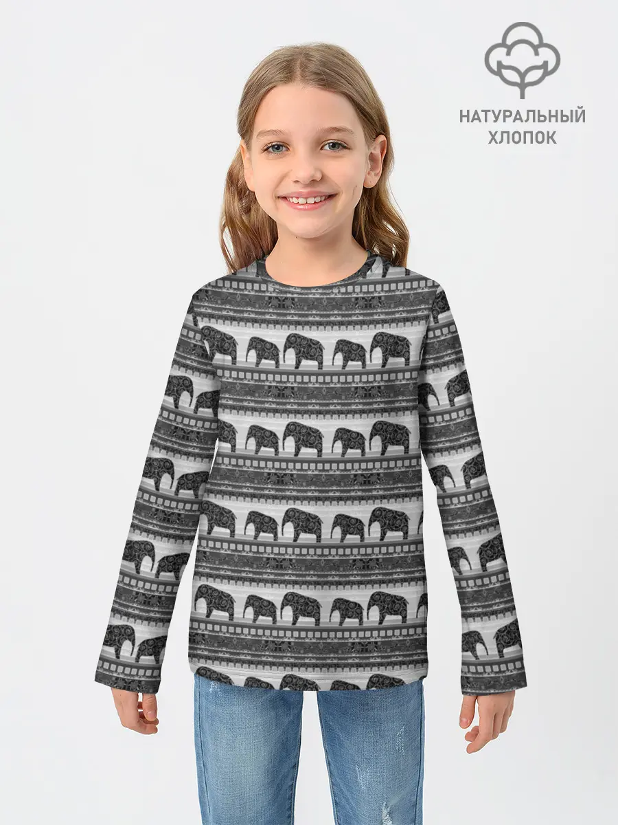 Детский лонгслив / Черно-белый узор слоны
